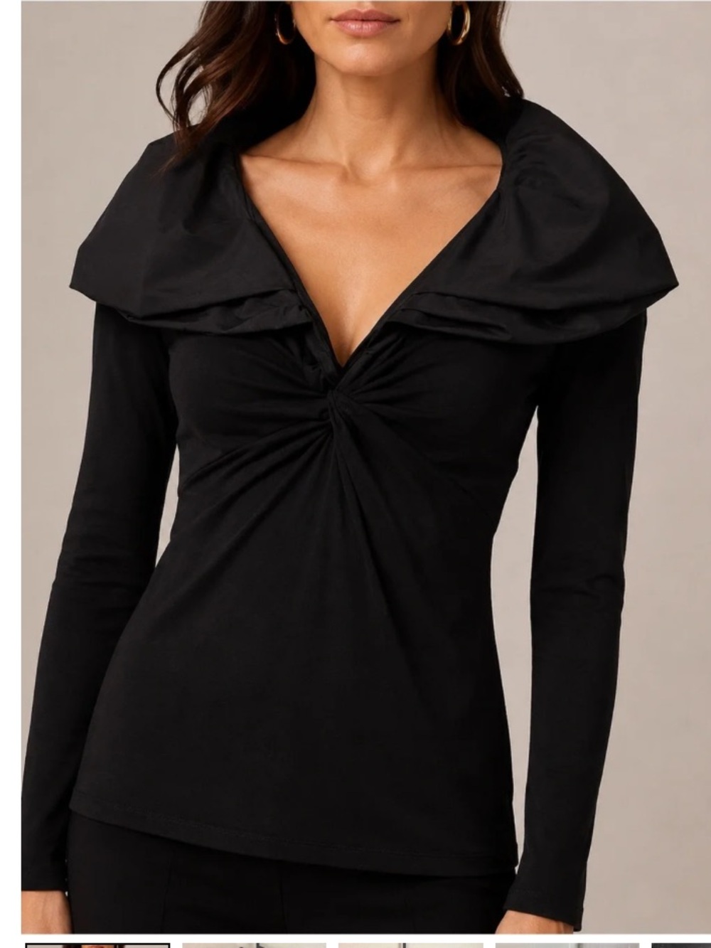 CAbi Black Long-Sleeve Twist-Knot Top with Wide Folded Collar